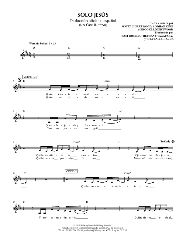 Solo Jesus (No One But You) Lead Sheet (SAT) (Hillsong en Espanol / Hillsong Worship)