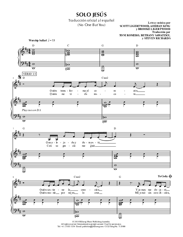Solo Jesus (No One But You) Piano/Vocal (Hillsong en Espanol / Hillsong Worship)