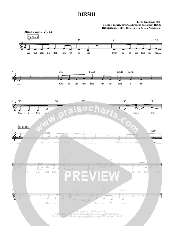 Bersih (Clean) Lead Sheet (SAT) (Hillsong Dalam Bahasa Indonesia / Hillsong Worship)