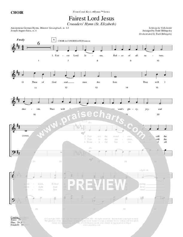 Fairest Lord Jesus Choir Sheet (Todd Billingsley)