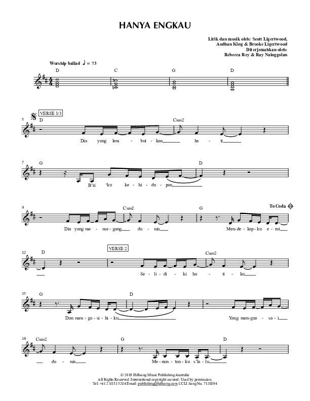 Hanya Engkau (No One But You) Lead Sheet (SAT) (Hillsong Dalam Bahasa Indonesia / Hillsong Worship)