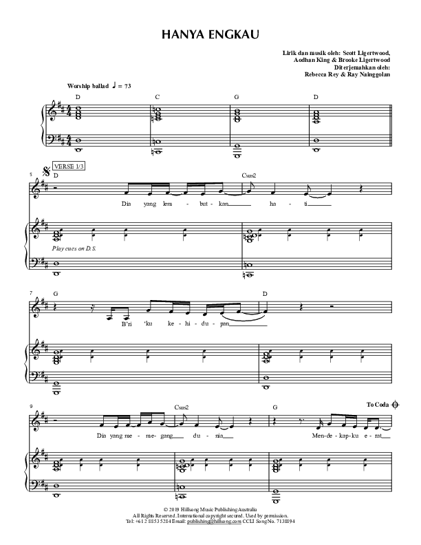 Hanya Engkau (No One But You) Piano/Vocal (Hillsong Dalam Bahasa Indonesia / Hillsong Worship)