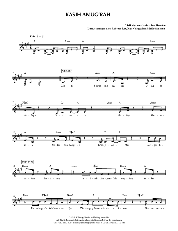 Kasih Anug'rah (Good Grace) Lead Sheet (SAT) (Hillsong Dalam Bahasa Indonesia / Hillsong Worship)