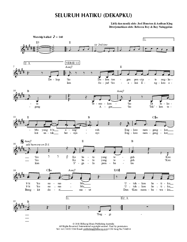 Seluruh Hatiku (Dekapku) (Whole Heart (Hold Me Now)) Lead Sheet (SAT) (Hillsong Dalam Bahasa Indonesia / Hillsong Worship)