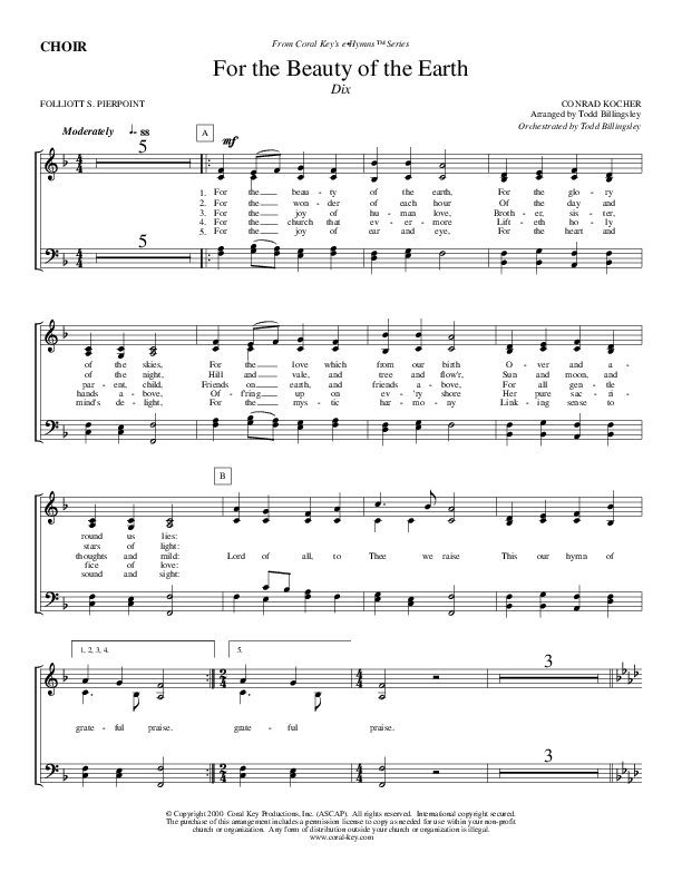 For The Beauty Of The Earth Choir Sheet (Todd Billingsley)
