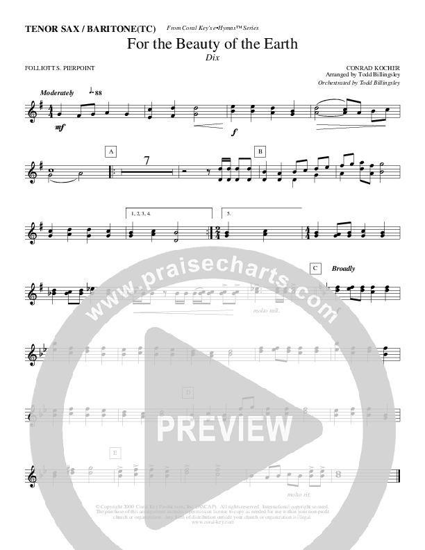 For The Beauty Of The Earth Tenor Sax/Baritone T.C. (Todd Billingsley)