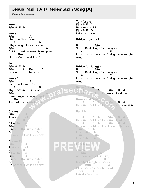 Jesus Paid It All / Redemption Song (Live) Chord Chart (Crossroads Music)