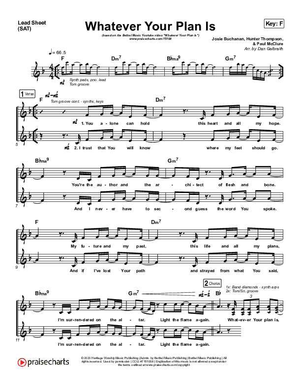 Whatever Your Plan Is (YouTube) Lead Sheet (SAT) (Bethel Music / Josie Buchanan)