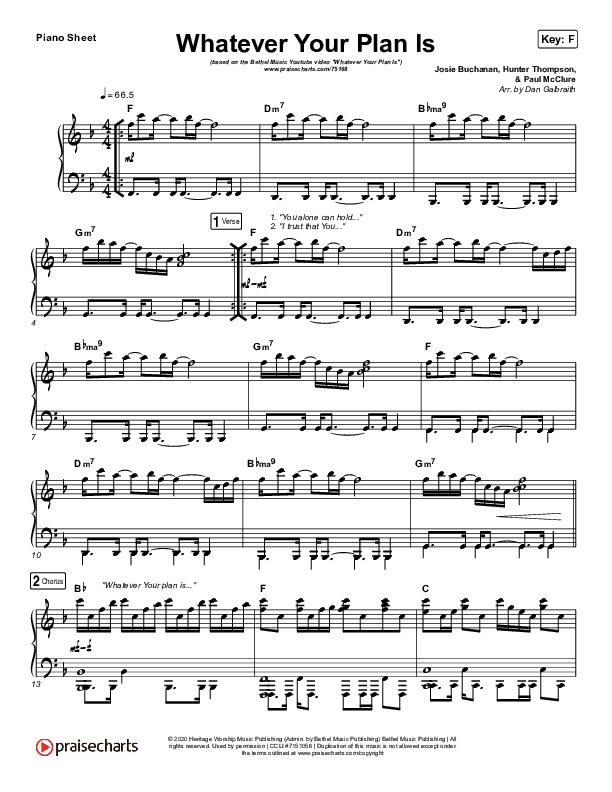 Whatever Your Plan Is (YouTube) Piano Sheet (Bethel Music / Josie Buchanan)