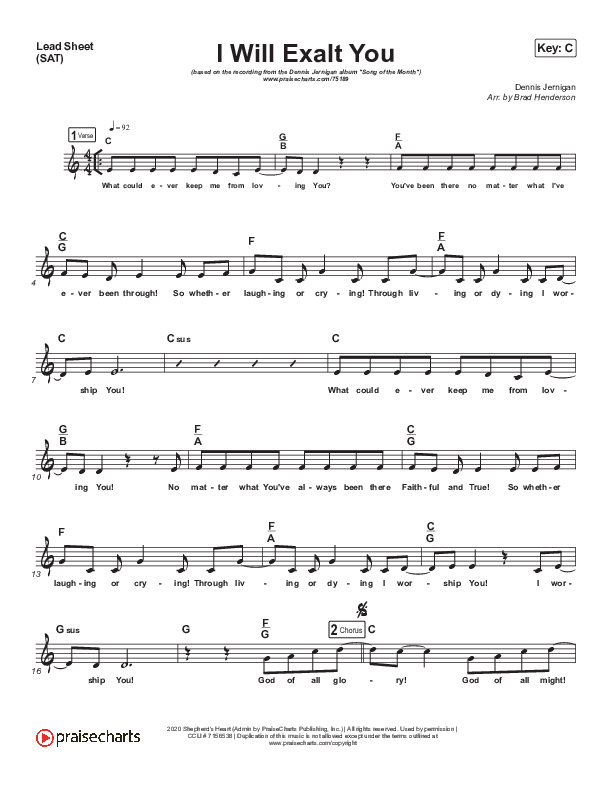 I Will Exalt You Lead Sheet (SAT) (Dennis Jernigan)