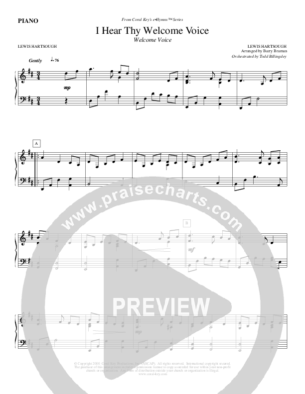 I Hear Thy Welcome Voice Piano Sheet (Todd Billingsley)