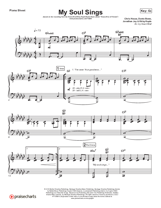 My Soul Sings Piano Sheet (Housefires / Kirby Kaple / Dante Bowe)