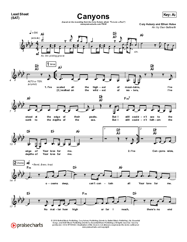 Canyons Lead Sheet (SAT) (Cory Asbury)