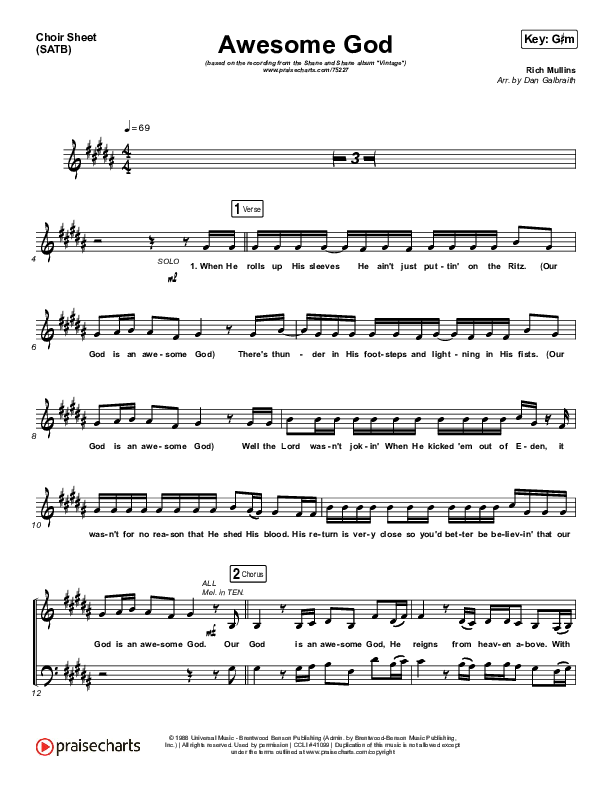 Awesome God Choir Sheet (SATB) (Shane & Shane)