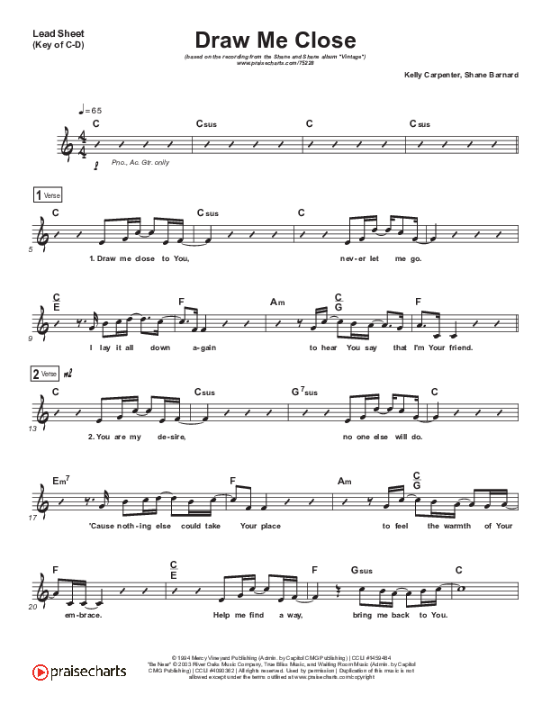Draw Me Close / Be Near Lead Sheet (Melody) (Shane & Shane)
