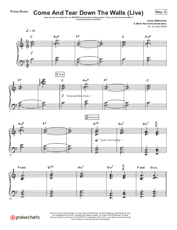 Come And Tear Down The Walls (Live) Piano Sheet (REVERE / David & Nicole Binion)