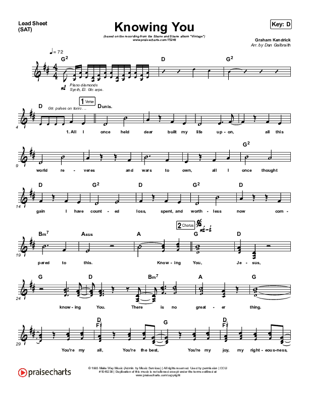 Knowing You Lead Sheet (SAT) (Shane & Shane)