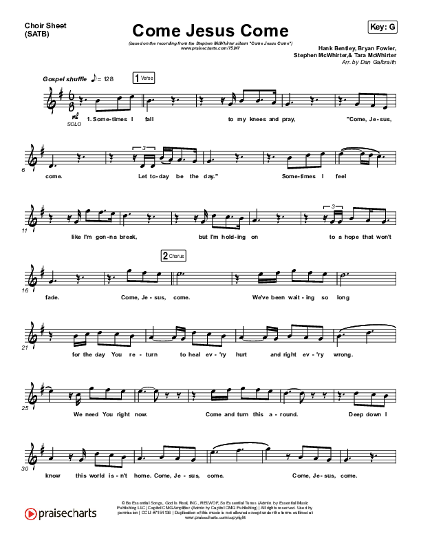 Come Jesus Come Choir Vocals (SATB) (Stephen McWhirter)