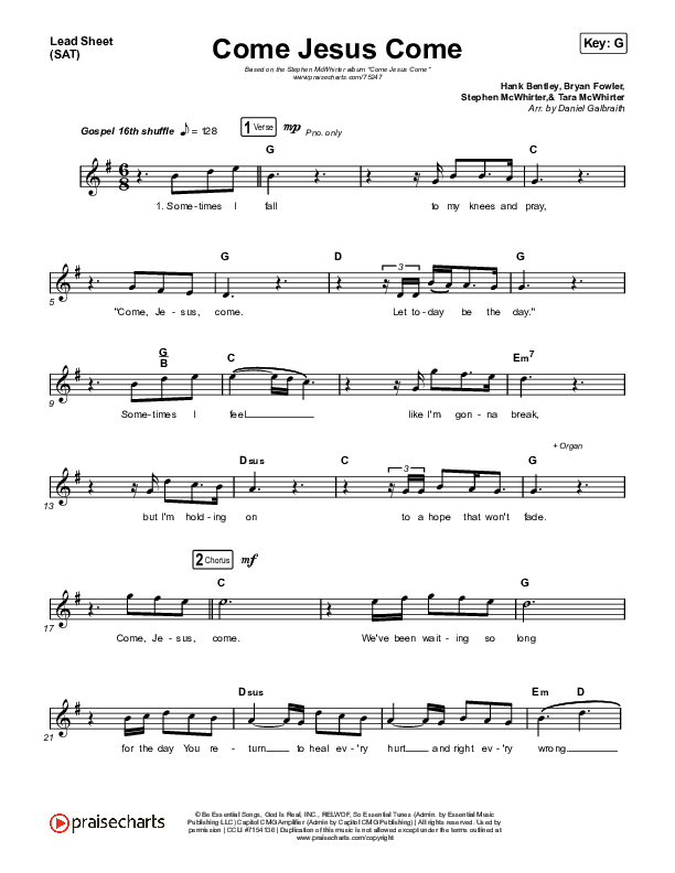 Come Jesus Come Lead Sheet (SAT) (Stephen McWhirter)
