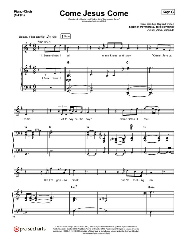 Come Jesus Come Piano/Choir (SATB) (Stephen McWhirter)