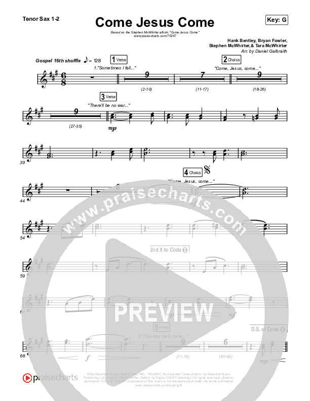 Come Jesus Come Tenor Sax 1,2 (Stephen McWhirter)