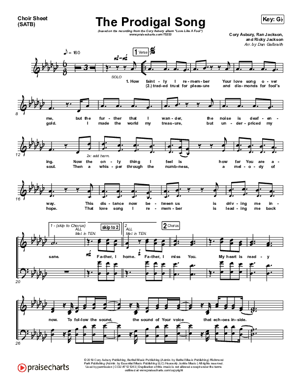 The Prodigal Song Choir Vocals (SATB) (Cory Asbury)