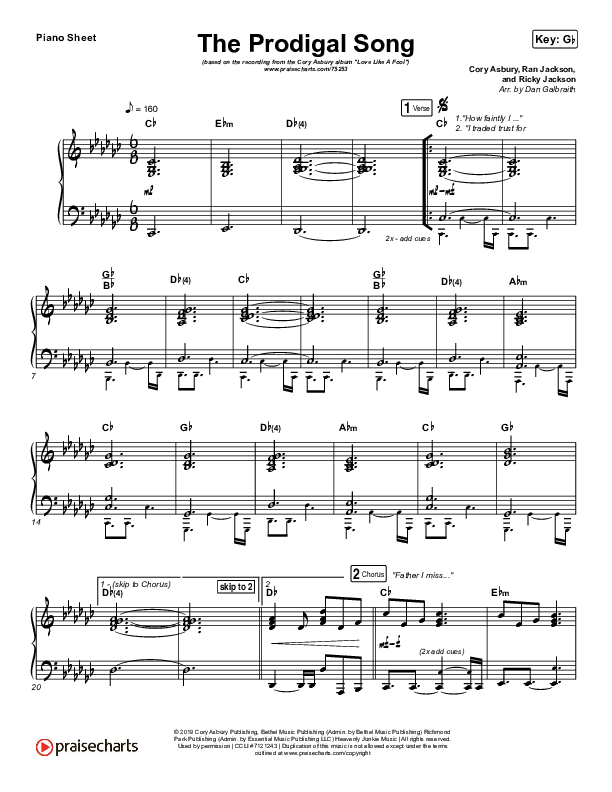 The Prodigal Song Piano Sheet (Cory Asbury)