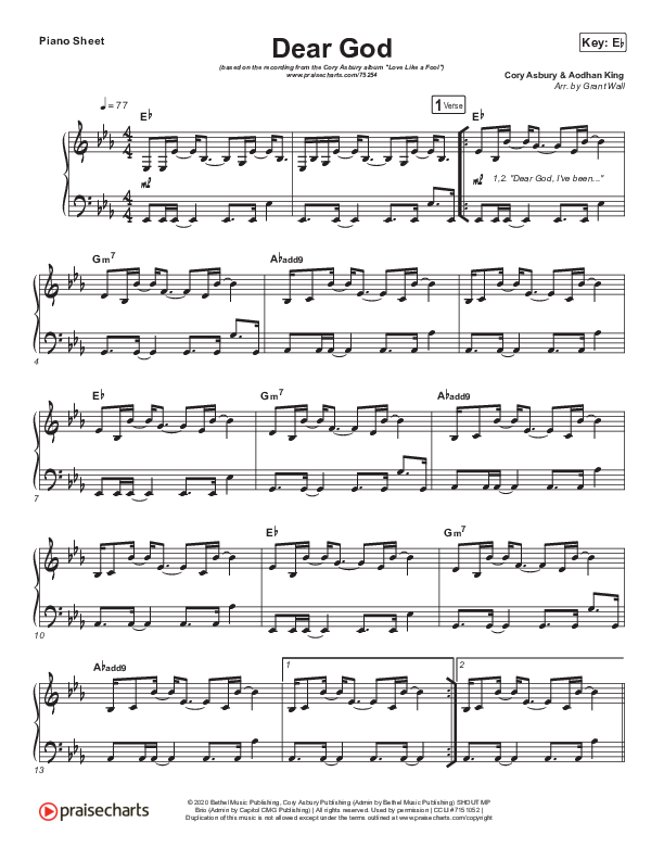 Dear God Piano Sheet (Cory Asbury)