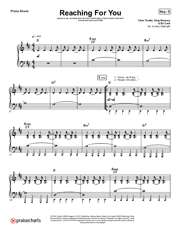 Reaching For You Piano Sheet (Chris Tomlin / We The Kingdom)