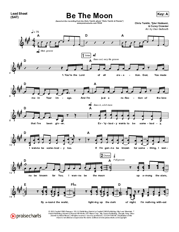 Be The Moon Lead Sheet (SAT) (Chris Tomlin / Brett Young / Cassadee Pope)