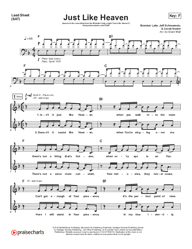 Just Like Heaven Lead Sheet (SAT) (Brandon Lake)