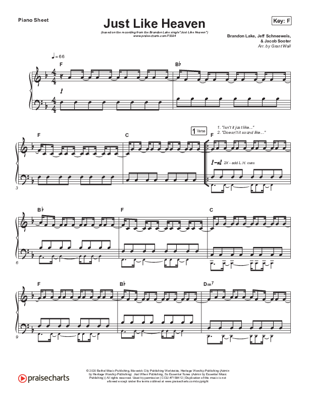 Just Like Heaven Piano Sheet (Brandon Lake)