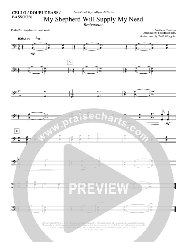 My Shepherd Will Supply My Need Cello/Bass (Todd Billingsley)
