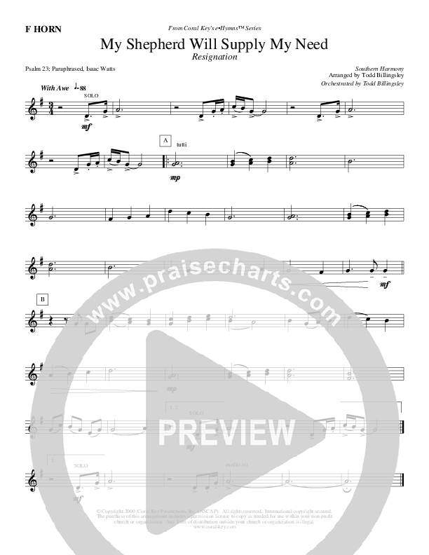 My Shepherd Will Supply My Need French Horn (Todd Billingsley)