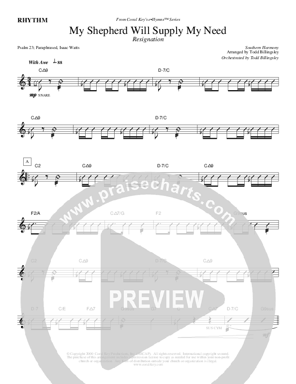 My Shepherd Will Supply My Need Rhythm Chart (Todd Billingsley)