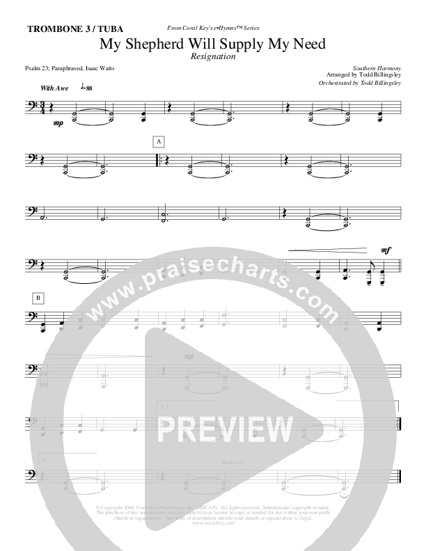 My Shepherd Will Supply My Need Trombone 3/Tuba (Todd Billingsley)