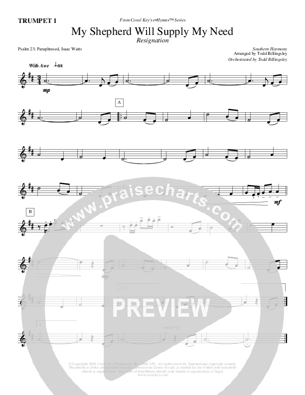 My Shepherd Will Supply My Need Trumpet 1 (Todd Billingsley)