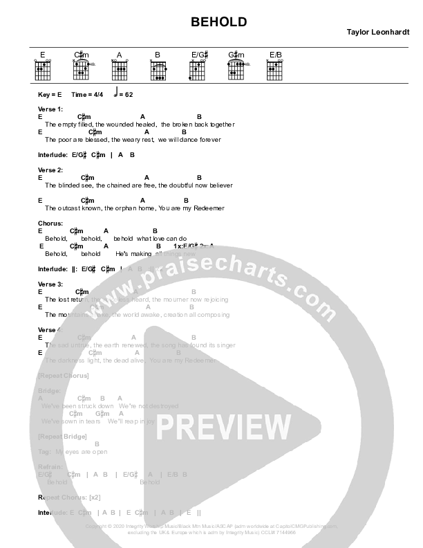 Behold Chord Chart (Mission House / Jess Ray / Taylor Leonhardt)