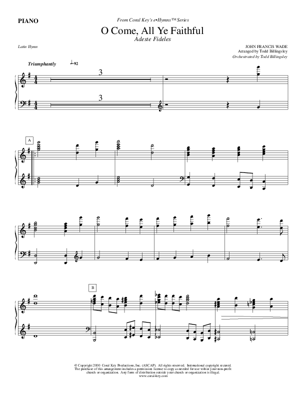 O Come All Ye Faithful Piano Sheet (Todd Billingsley)