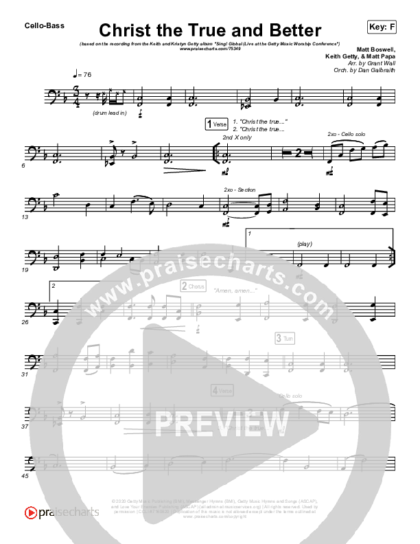 Christ The True And Better Cello/Bass (Keith & Kristyn Getty / Matt Boswell / Matt Papa)
