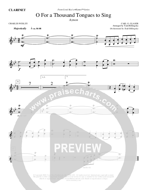 O For A Thousand Tongues To Sing Clarinet (Todd Billingsley)
