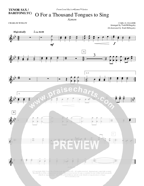 O For A Thousand Tongues To Sing Tenor Sax/Baritone T.C. (Todd Billingsley)