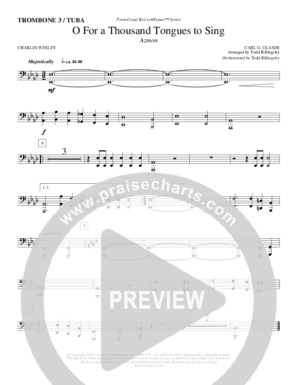 O For A Thousand Tongues To Sing Trombone 3/Tuba (Todd Billingsley)