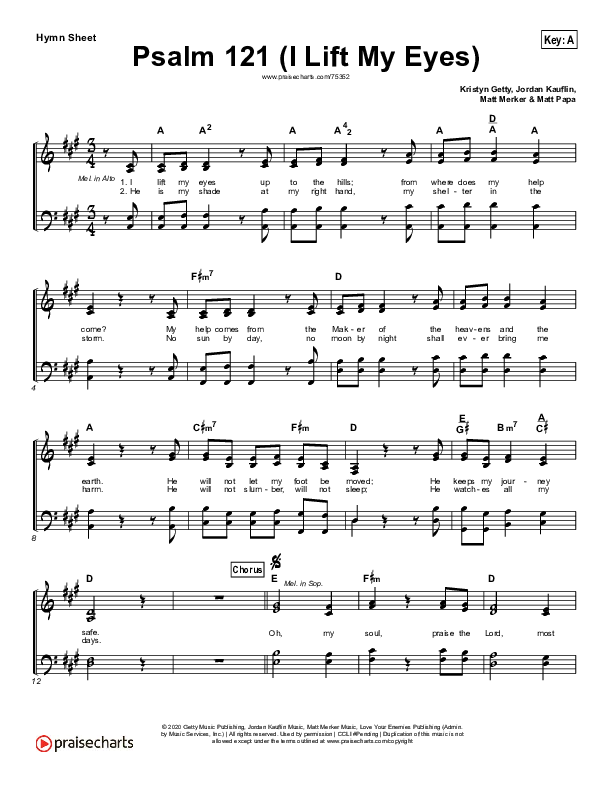 Psalm 121 (I Lift My Eyes) Hymn Sheet (Jordan Kauflin / Matt Merker / Keith & Kristyn Getty)