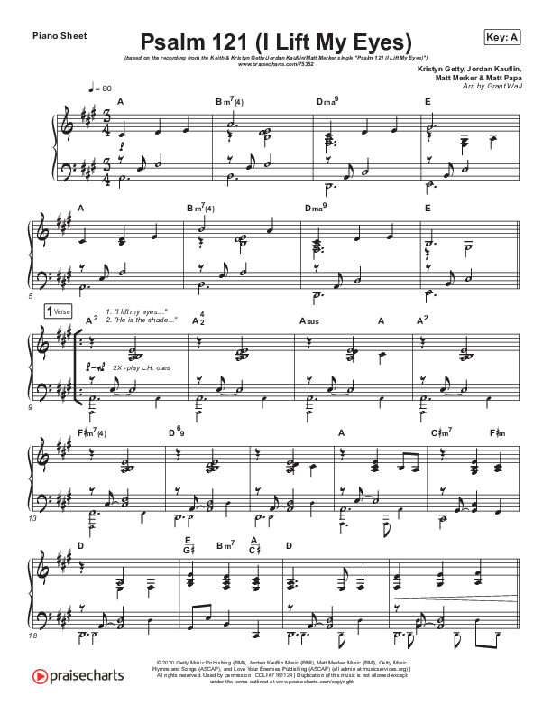 Psalm 121 (I Lift My Eyes) Piano Sheet (Jordan Kauflin / Matt Merker / Keith & Kristyn Getty)