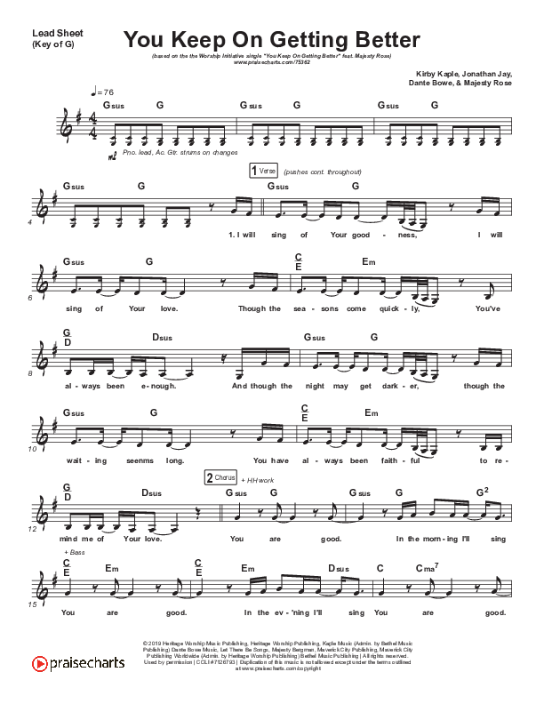 You Keep On Getting Better Lead Sheet (Melody) (The Worship Initiative / Shane & Shane / Majesty Rose)