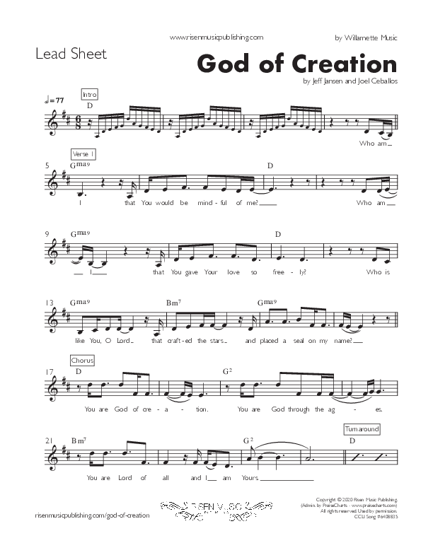 God Of Creation (Single) Lead Sheet (Willamette Music / Sharif Iman)