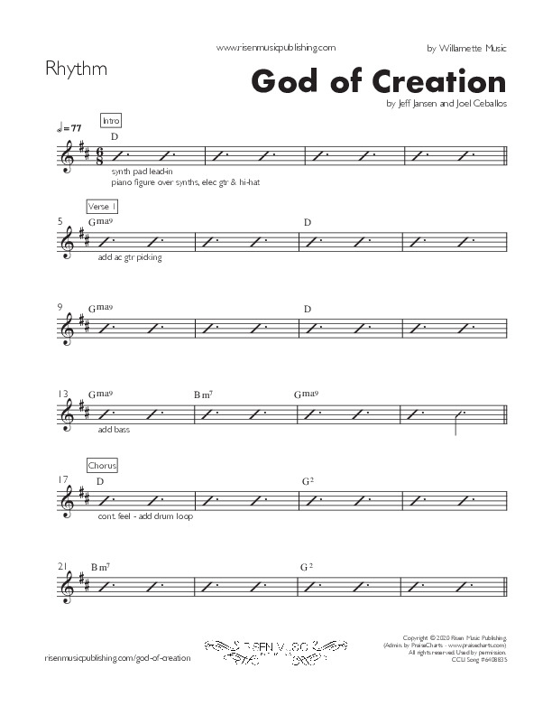 God Of Creation (Single) Rhythm Chart (Willamette Music / Sharif Iman)