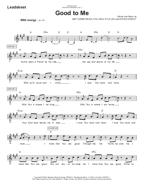 Good To Me Lead Sheet (Gateway Worship)