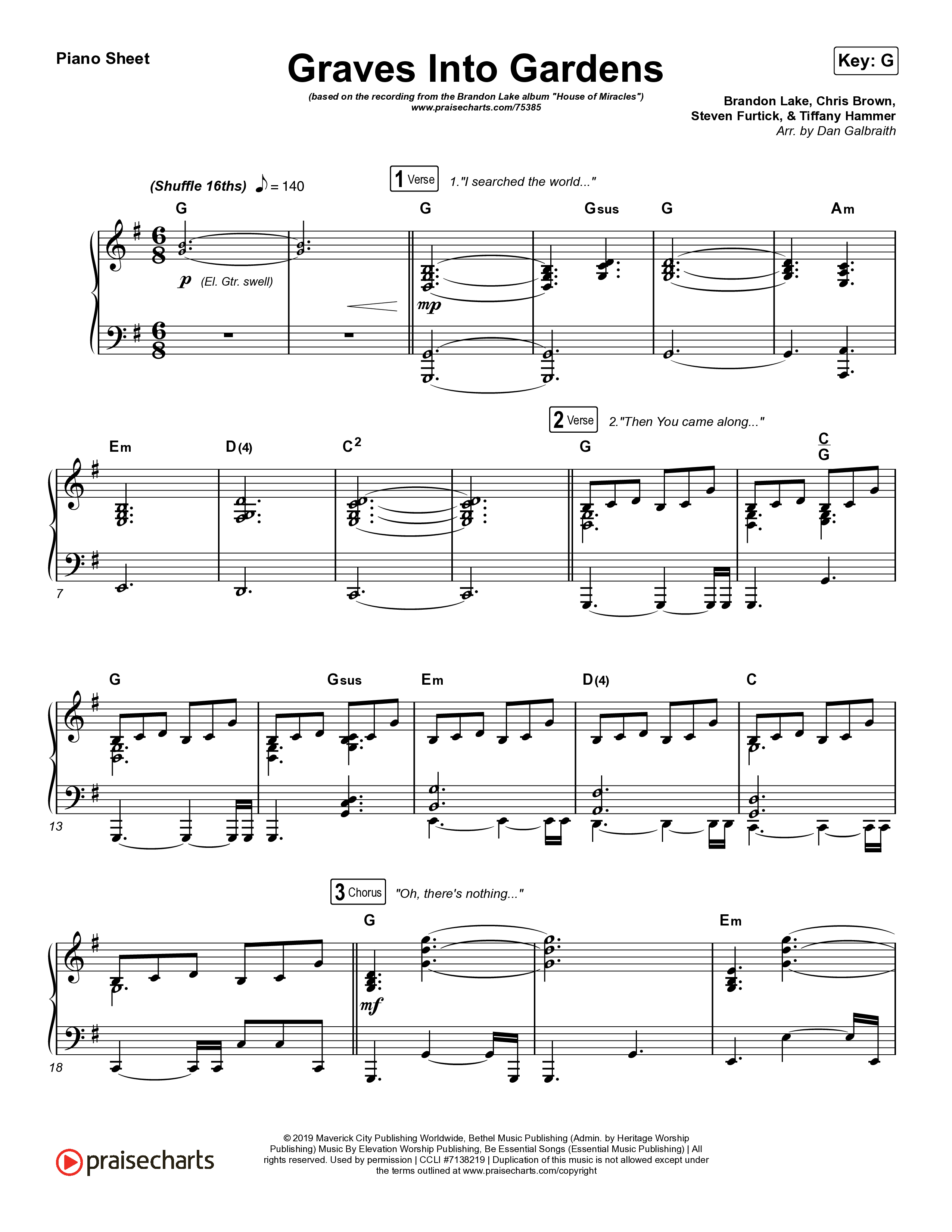 Graves Into Gardens Piano Sheet (Brandon Lake)